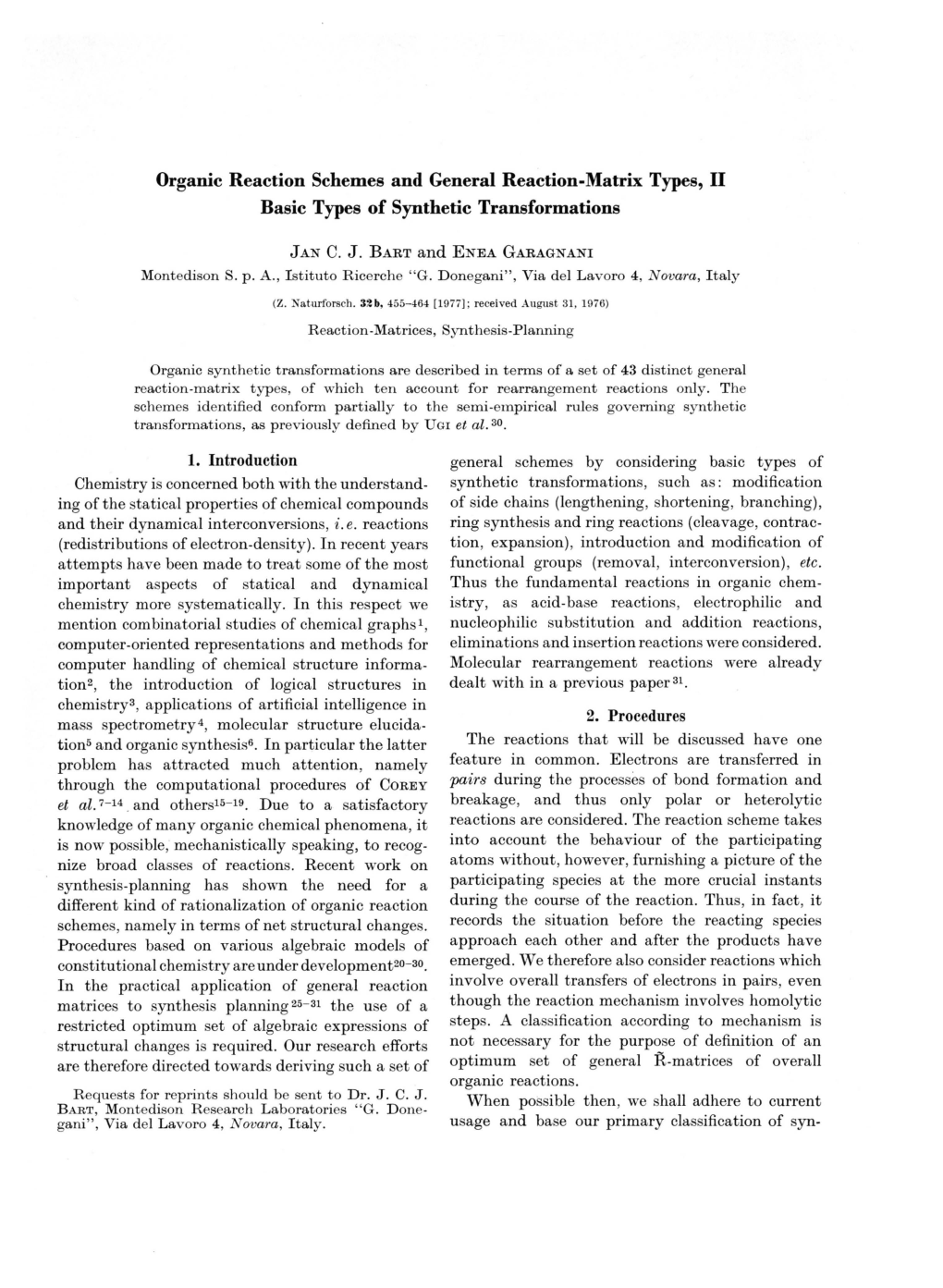 Organic Reaction Schemes and General Reaction-Matrix Types, II Basic Types of Synthetic Transformations