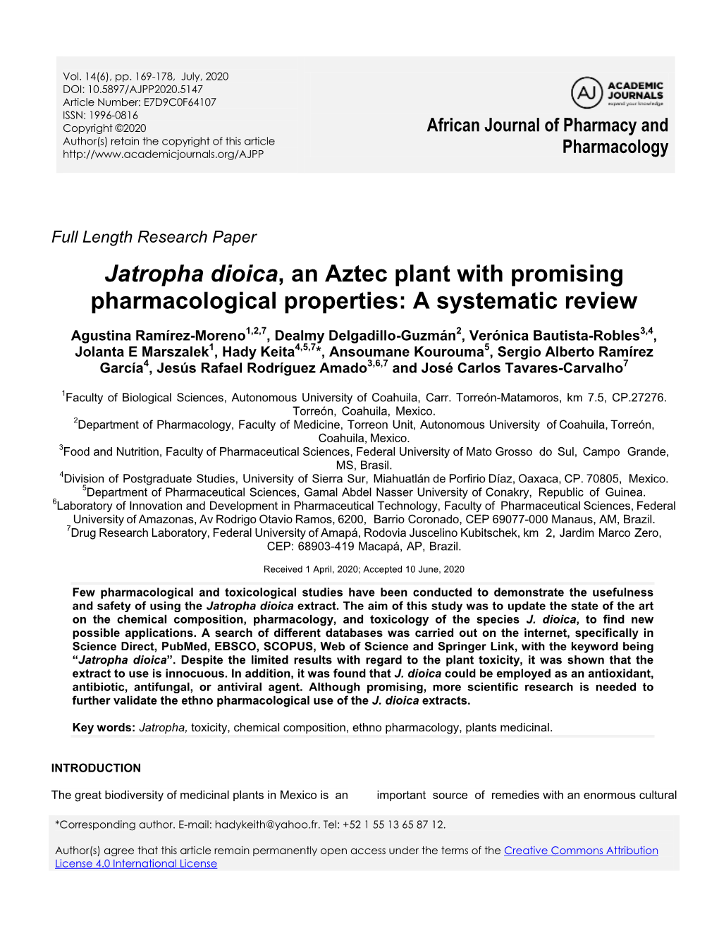 Jatropha Dioica, an Aztec Plant with Promising Pharmacological Properties: a Systematic Review