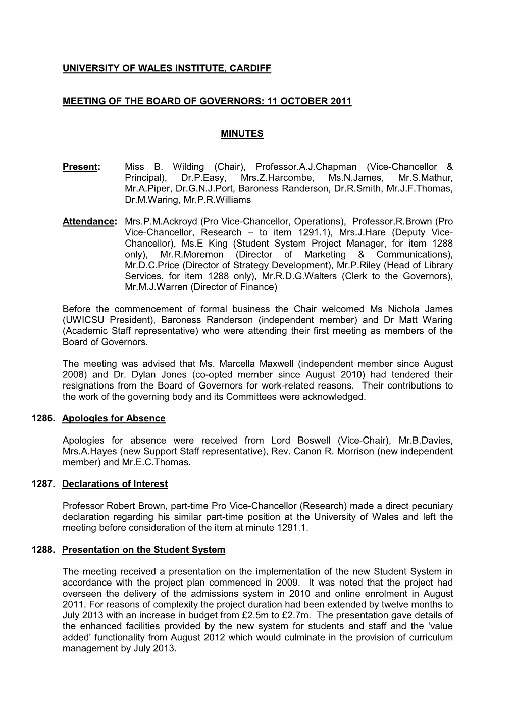 Minutes of Board of Governors Meeting: 11 October 2011