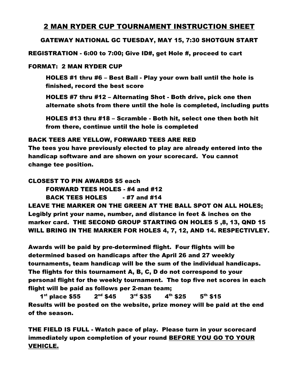 2 Man Ryder Cup Tournament Instruction Sheet