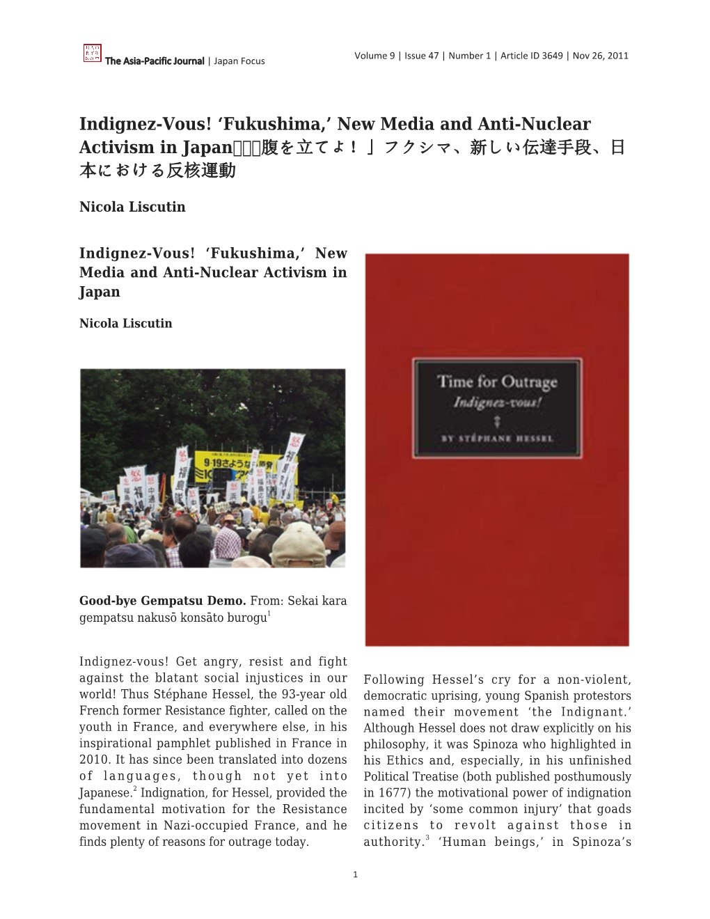 Fukushima,’ New Media and Anti-Nuclear Activism in Japan 「腹を立てよ！」フクシマ、新しい伝達手段、日 本における反核運動