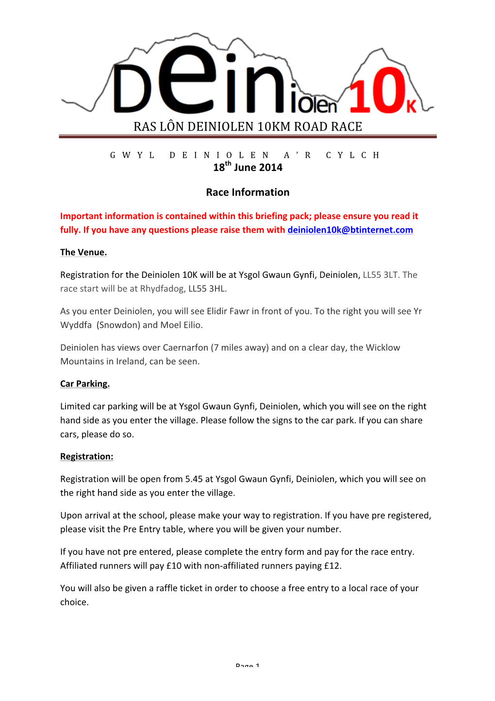 Deiniolen 10K 2014 Race Brief