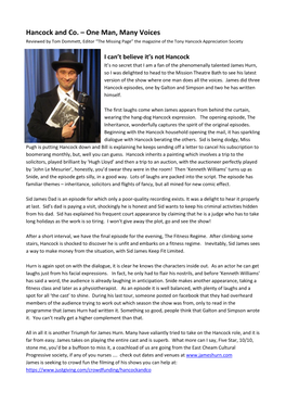 Hancock and Co. – One Man, Many Voices Reviewed by Tom Dommett, Editor “The Missing Page” the Magazine of the Tony Hancock Appreciation Society