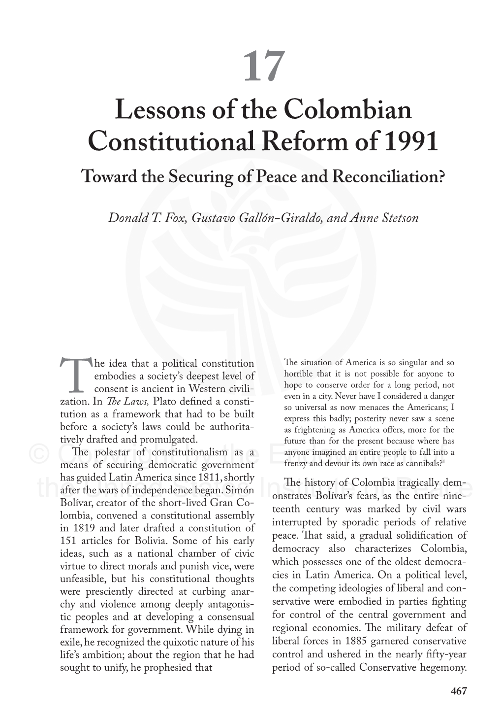 Lessons of the Colombian Constitutional Reform of 1991 Toward the Securing of Peace and Reconciliation?