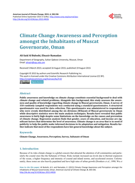 Climate Change Awareness and Perception Amongst the Inhabitants of Muscat Governorate, Oman