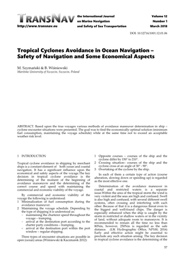 Tropical Cyclones Avoidance in Ocean Navigation – Safety of Navigation and Some Economical Aspects