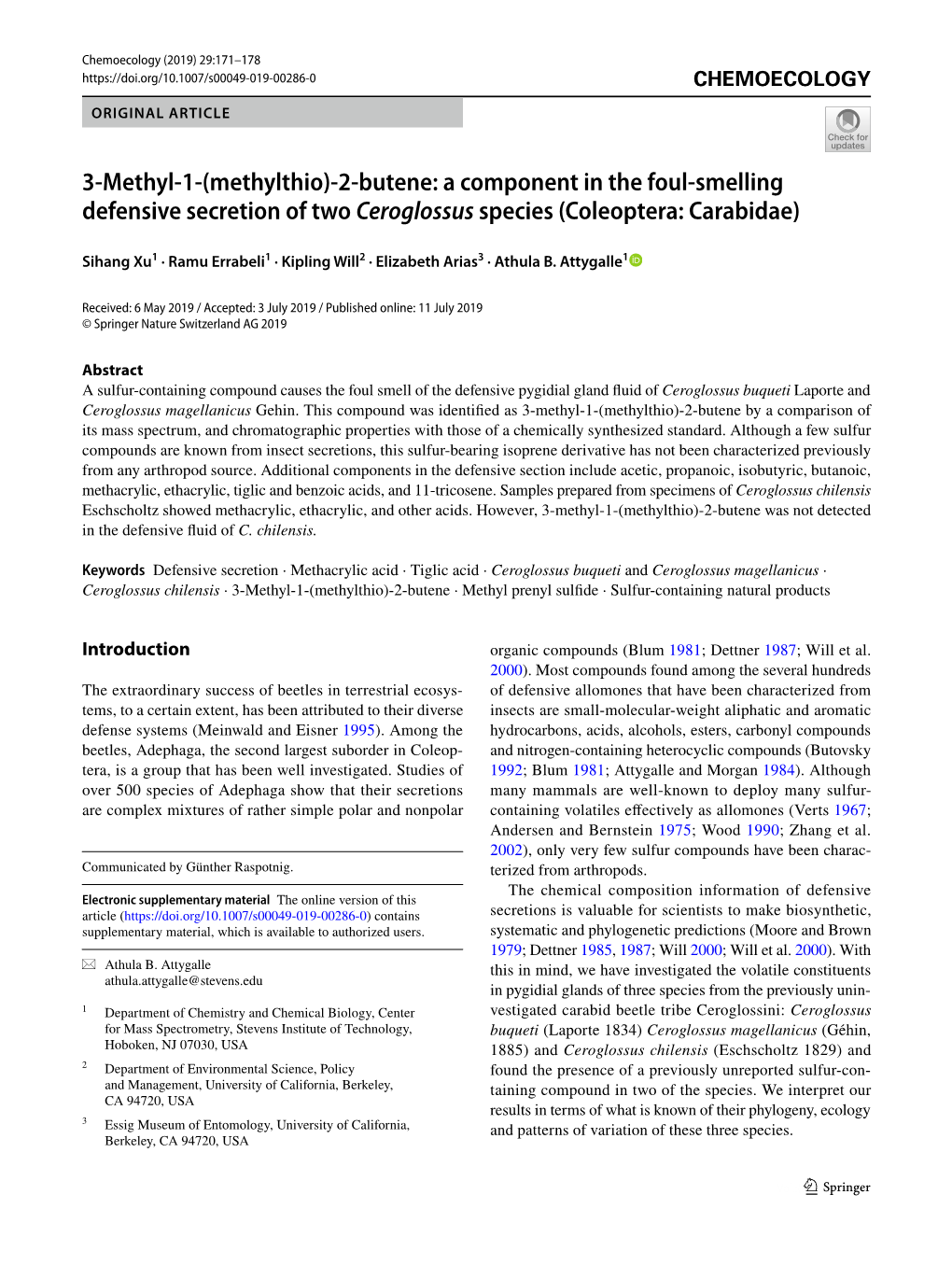 3-Methyl-1-(Methylthio)-2-Butene: a Component in the Foul-Smelling Defensive Secretion… 173