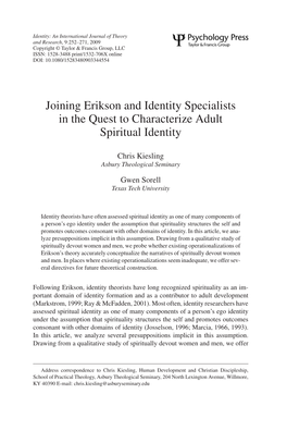 Joining Erikson and Identity Specialists in the Quest to Characterize Adult Spiritual Identity