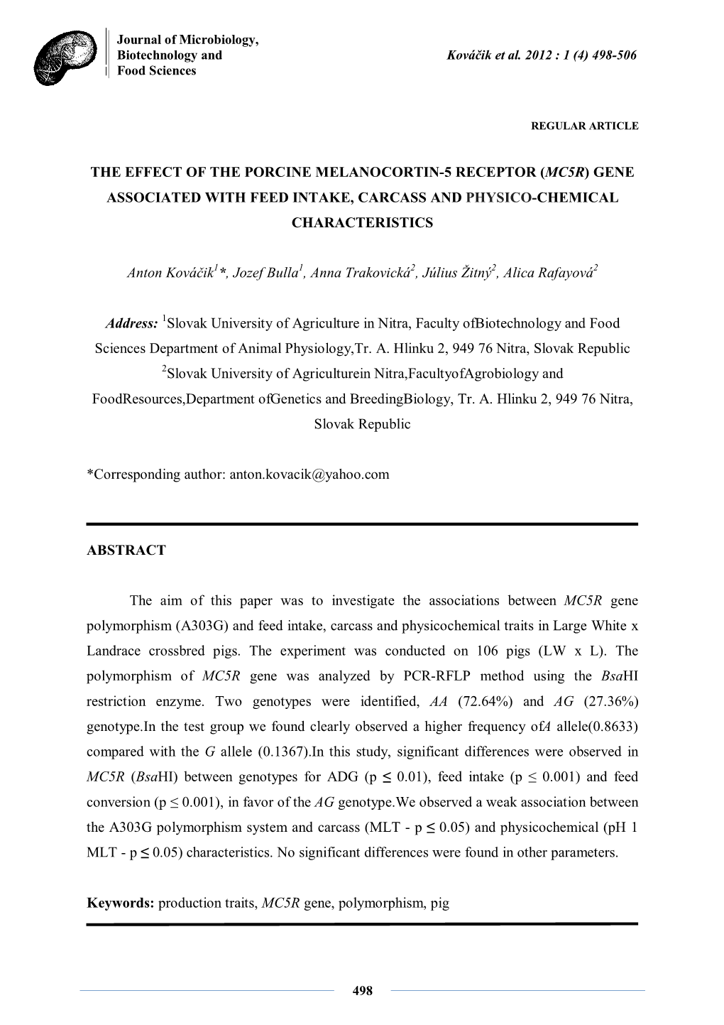 Mc5r) Gene Associated with Feed Intake, Carcass and Physico-Chemical Characteristics