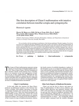 The First Description of Chiari I Malformation with Intuitive Correlation Between Tonsillar Ectopia and Syringomyelia