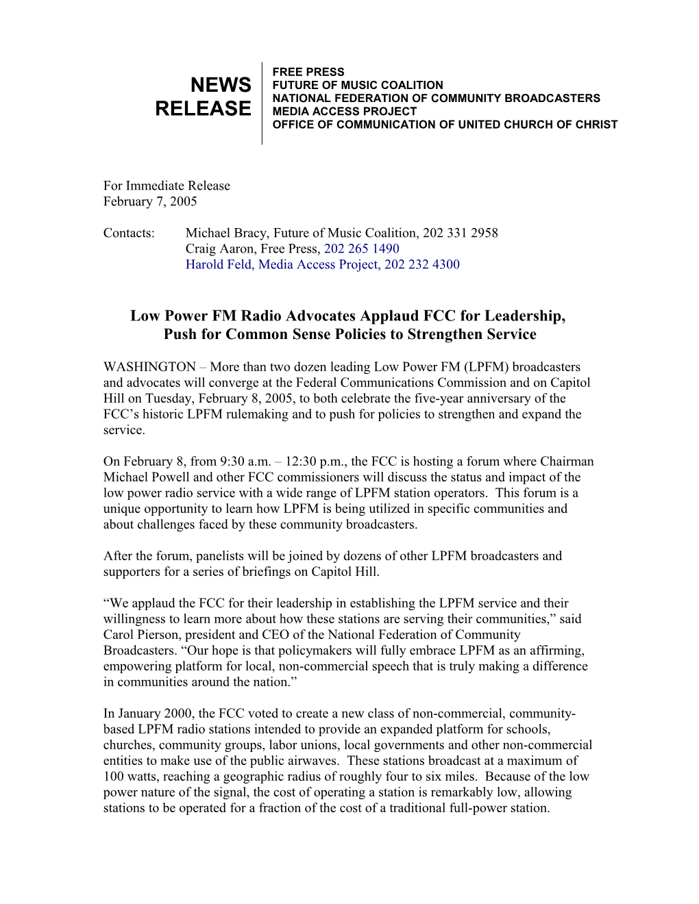 Low Power FM Radio Advocates To Applaud FCC For Leadership, Push For Common Sense Policies To Strengthen Service