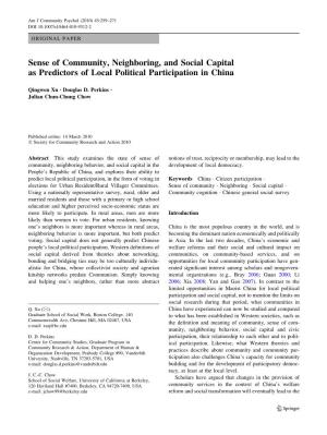 Sense of Community, Neighboring, and Social Capital As Predictors of Local Political Participation in China