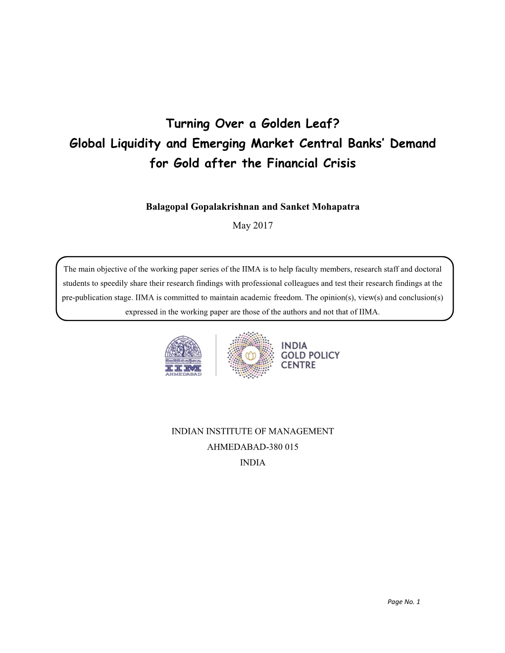 Global Liquidity and Emerging Market Central Banks' Demand for Gold After the Financial Crisis