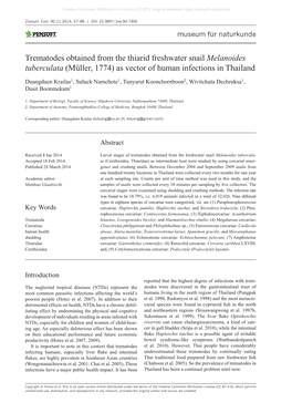 Trematodes Obtained from the Thiarid Freshwater Snail Melanoides Tuberculata (Müller, 1774) As Vector of Human Infections in Thailand