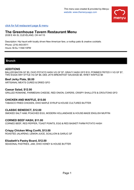 The Greenhouse Tavern Restaurant Menu 2038 E 4Th St, CLEVELAND, OH 44115