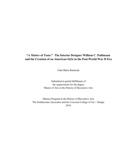 “A Matter of Taste:” the Interior Designer William C. Pahlmann and the Creation of an American Style in the Post-World War II Era