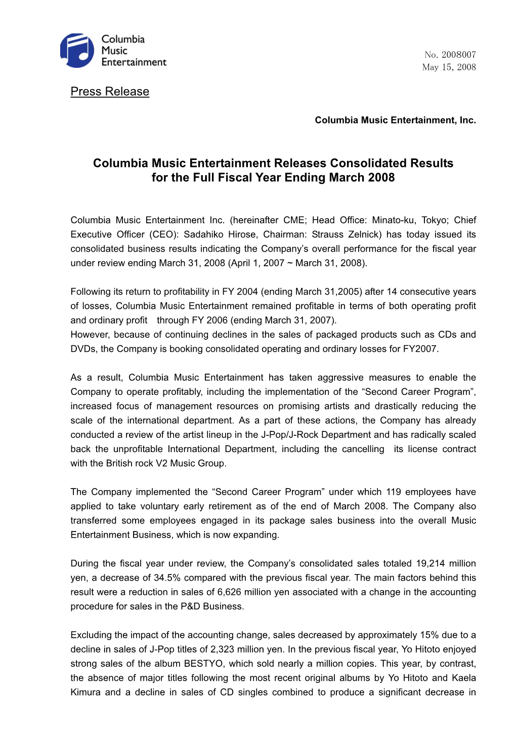 Press Release Columbia Music Entertainment Releases