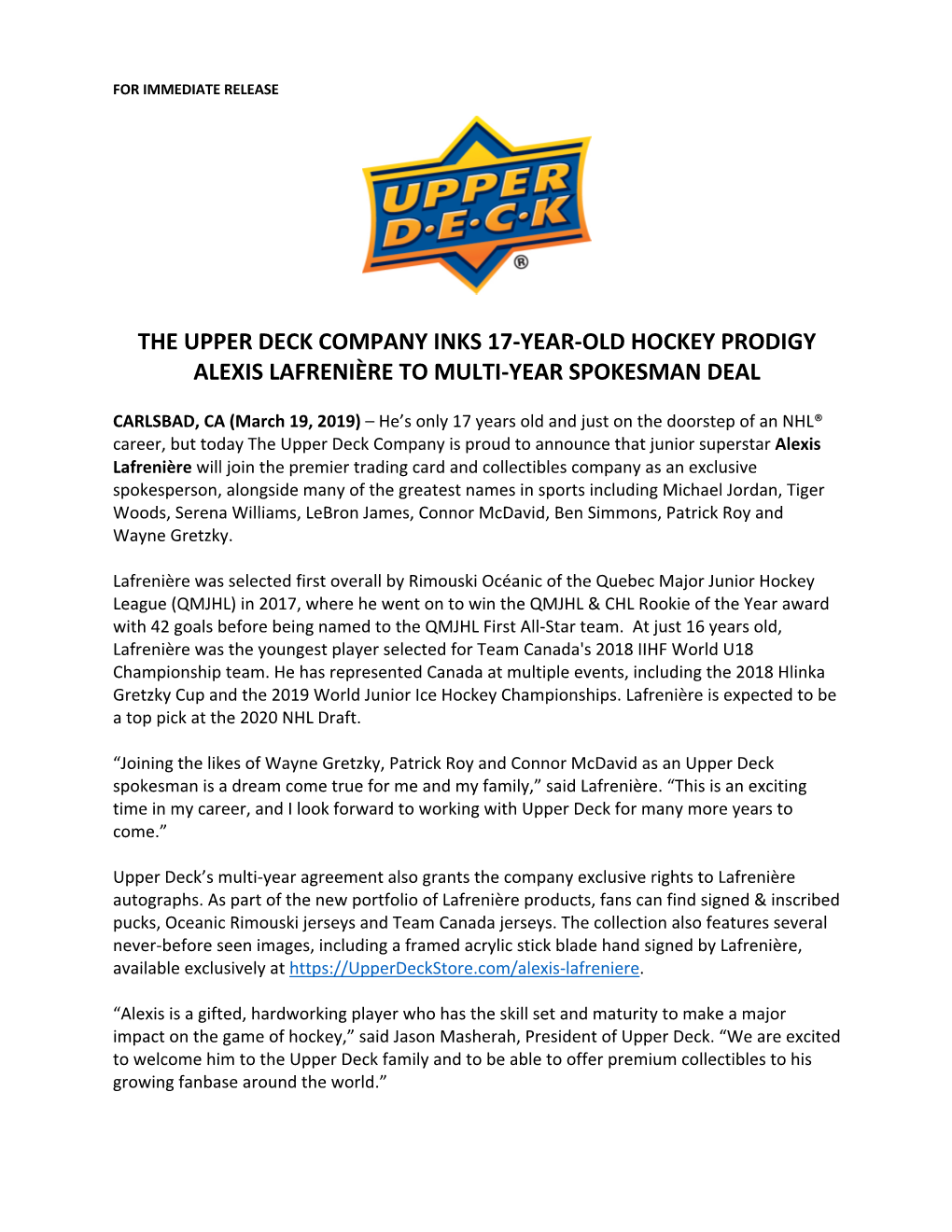 The Upper Deck Company Inks 17-Year-Old Hockey Prodigy Alexis Lafrenière to Multi-Year Spokesman Deal