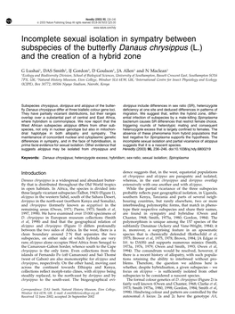 Incomplete Sexual Isolation in Sympatry Between Subspecies of the Butterﬂy Danaus Chrysippus (L.) and the Creation of a Hybrid Zone