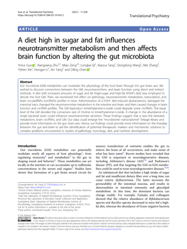 A Diet High in Sugar and Fat Influences Neurotransmitter Metabolism And