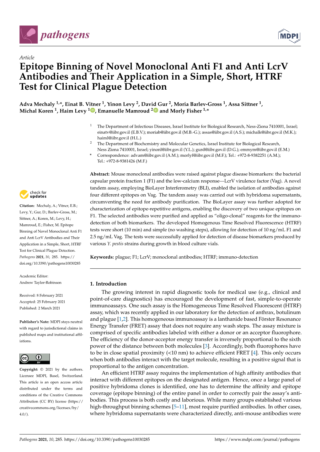 Epitope Binning of Novel Monoclonal Anti F1 and Anti Lcrv Antibodies and Their Application in a Simple, Short, HTRF Test for Clinical Plague Detection