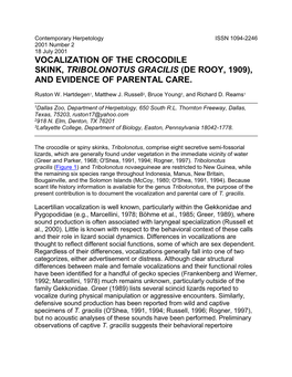 Vocalization of the Crocodile Skink, Tribolonotus Gracilis (De Rooy, 1909), and Evidence of Parental Care