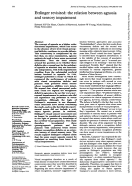 Ettlinger Revisited: the Relation Between Agnosia J Neurol Neurosurg Psychiatry: First Published As 10.1136/Jnnp.58.3.350 on 1 March 1995