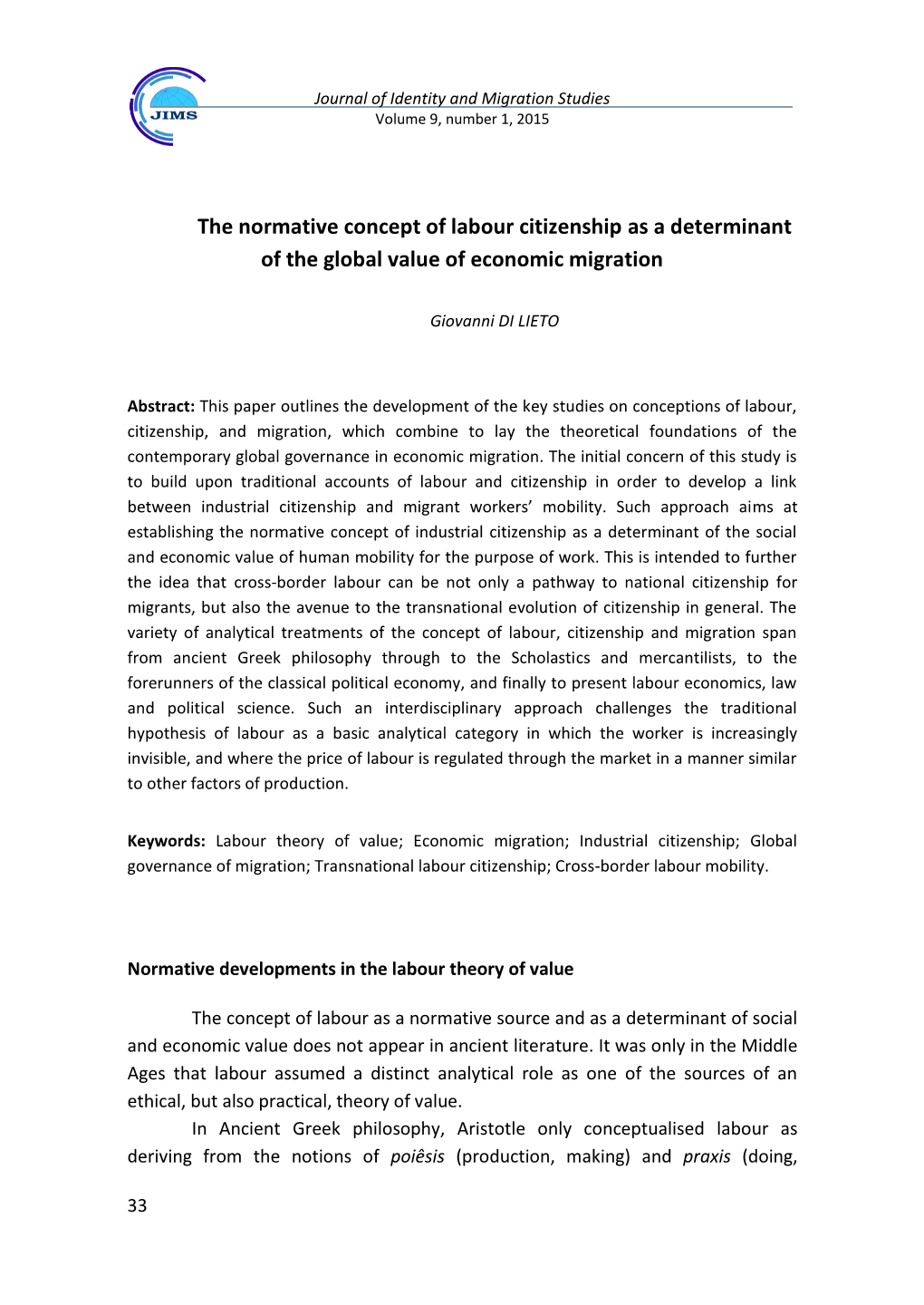 The Normative Concept of Labour Citizenship As a Determinant of the Global Value of Economic Migration
