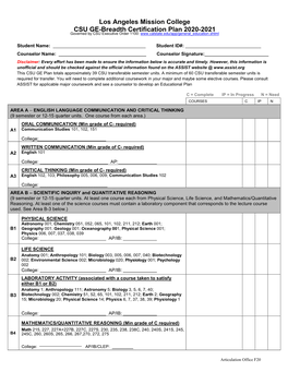 Los Angeles Mission College CSU GE-Breadth Certification Plan 2020-2021 Governed by CSU Executive Order 1100