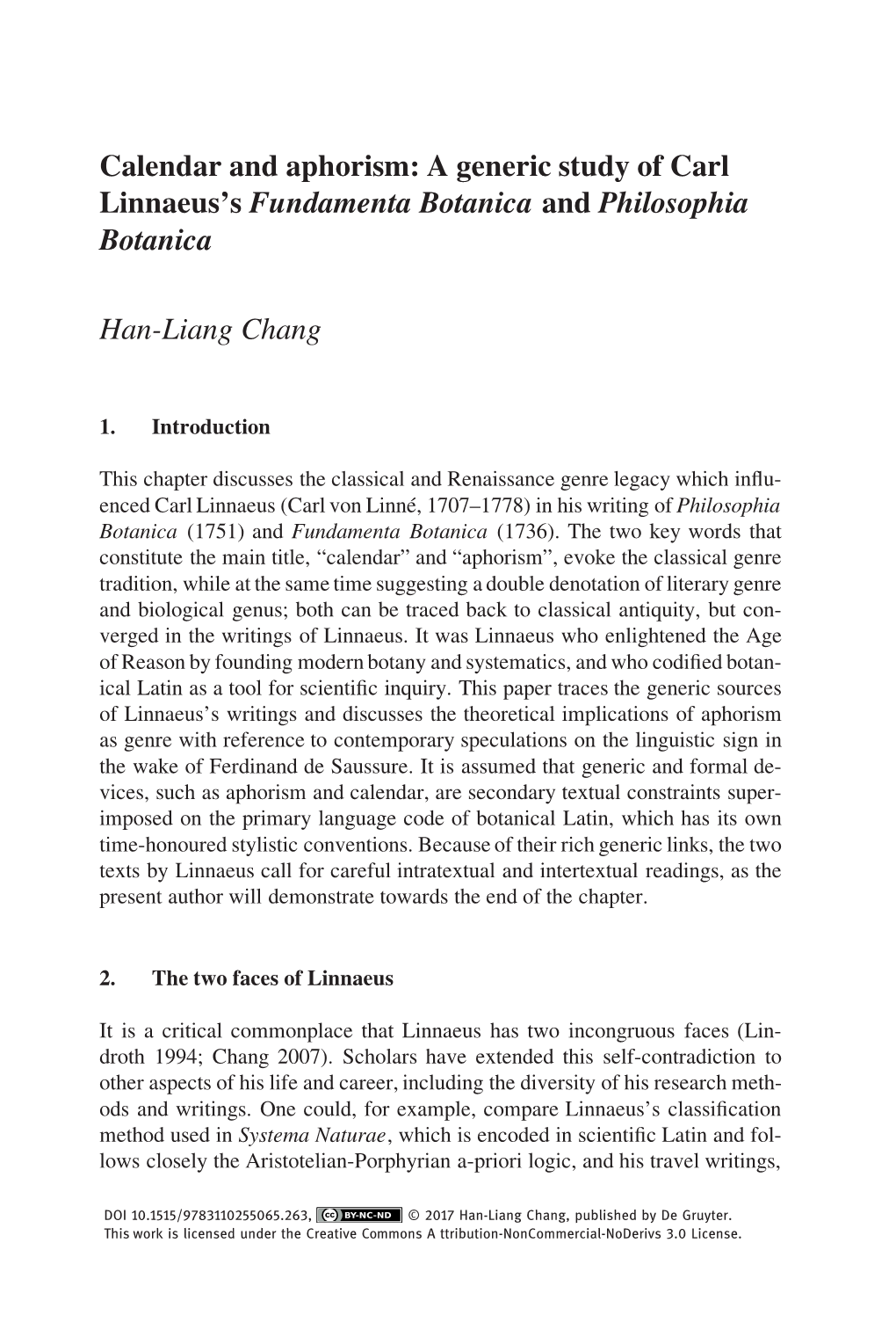 Calendar and Aphorism: a Generic Study of Carl Linnaeus's Fundamenta Botanica and Philosophia Botanica Han-Liang Chang