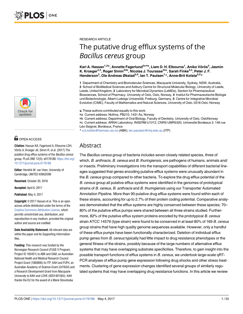 The Putative Drug Efflux Systems of the Bacillus Cereus Group