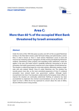 Than 60 % of the Occupied West Bank Threatened by Israeli Annexation