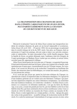 La Transposition Des Chansons De Geste Dans L'épopée Carolingienne De Julius Zeyer, Plus Particulièrement Dans La Chanson