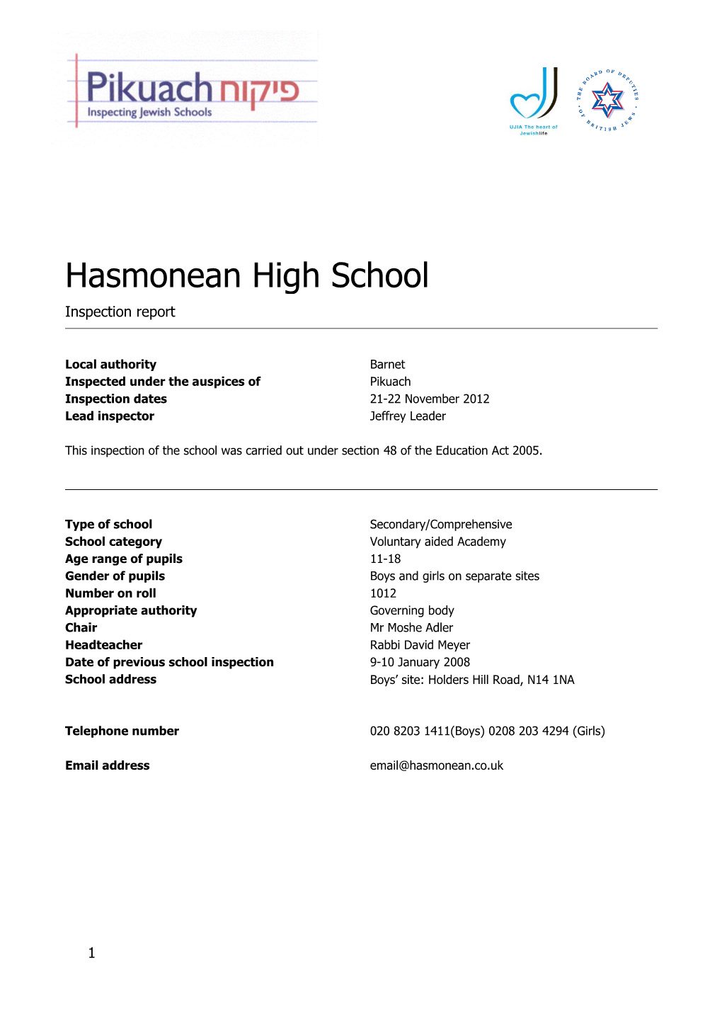 Hasmonean High School Inspection Report