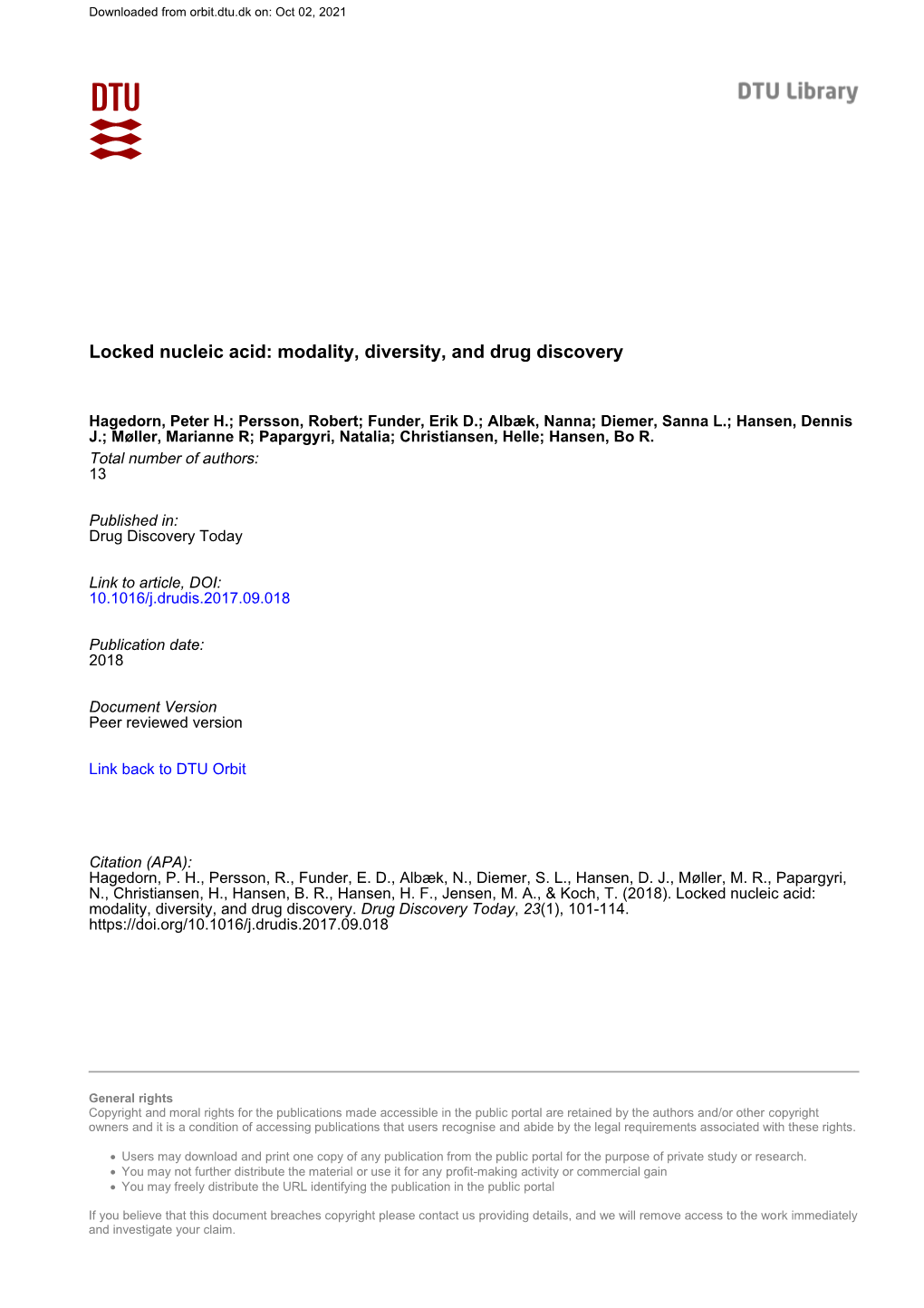 Locked Nucleic Acid: Modality, Diversity, and Drug Discovery