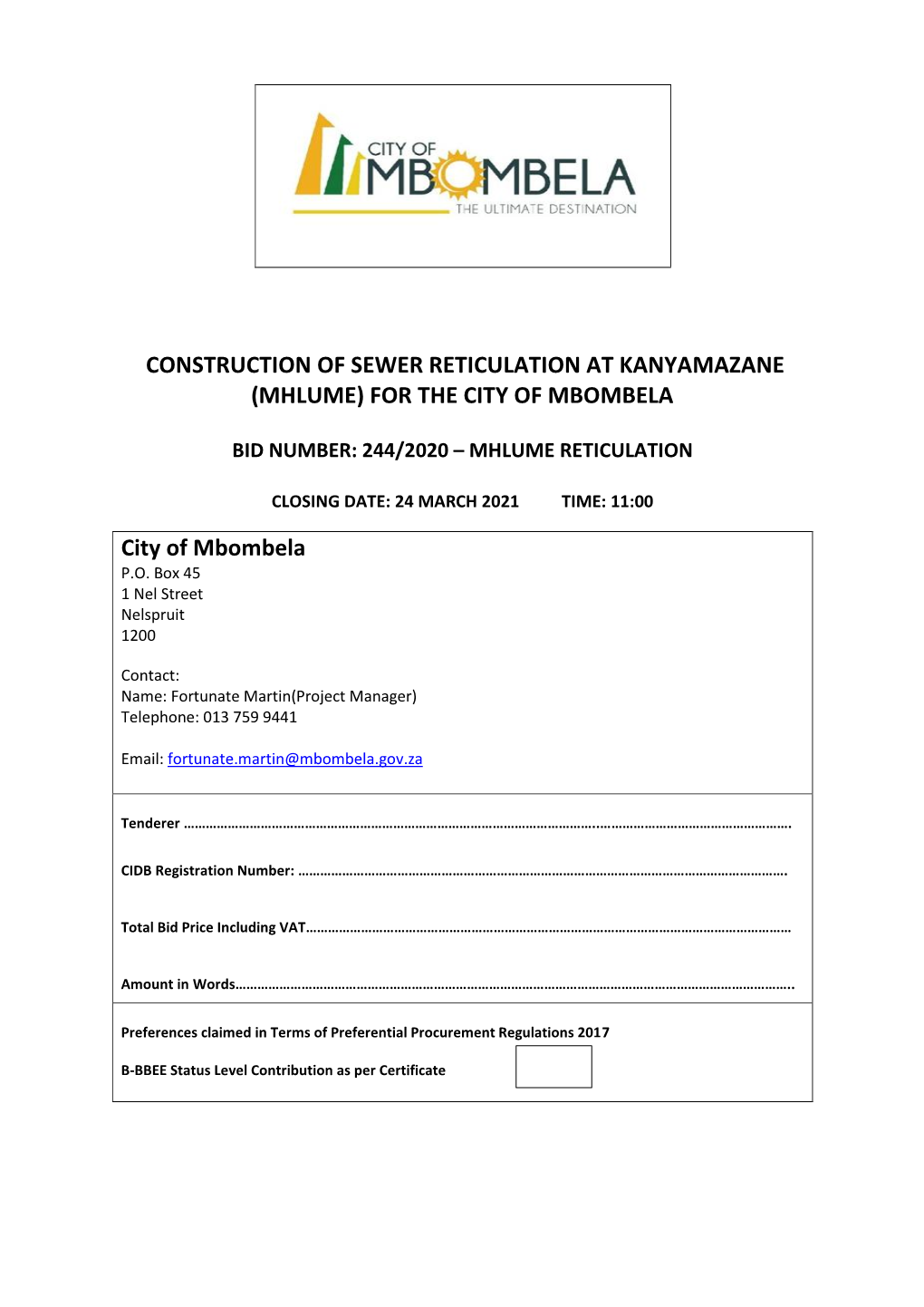 Construction of Sewer Reticulation at Kanyamazane (Mhlume) for the City of Mbombela