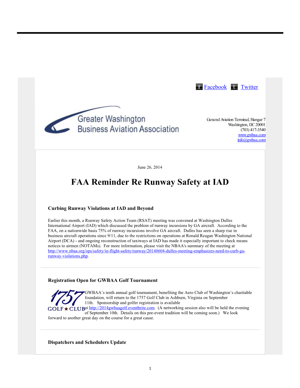 FAA Reminder Re Runway Safety at IAD