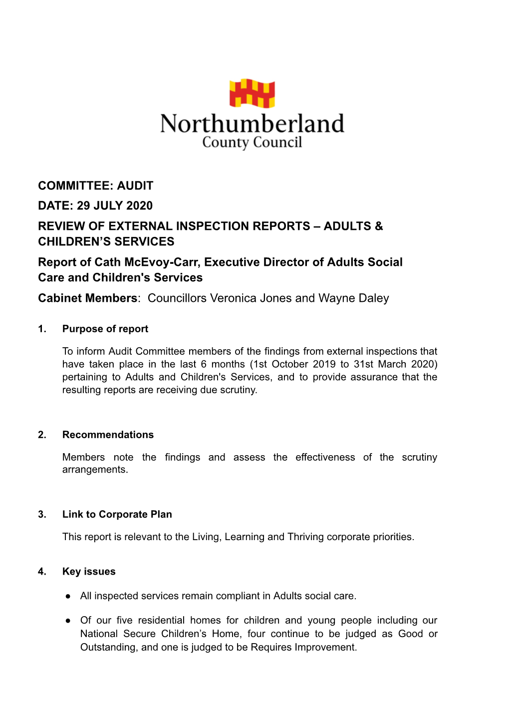 Committee: Audit Date: 29 July 2020 Review of External Inspection Reports – Adults & Children's Services