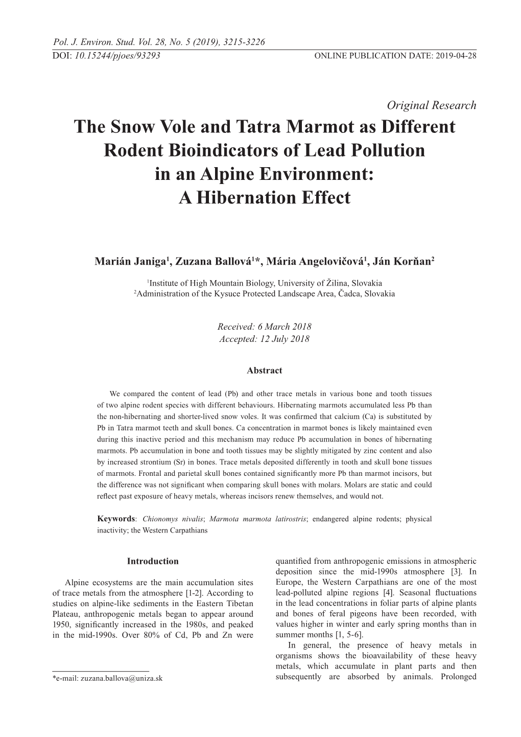 The Snow Vole and Tatra Marmot As Different Rodent Bioindicators of Lead Pollution in an Alpine Environment: a Hibernation Effect