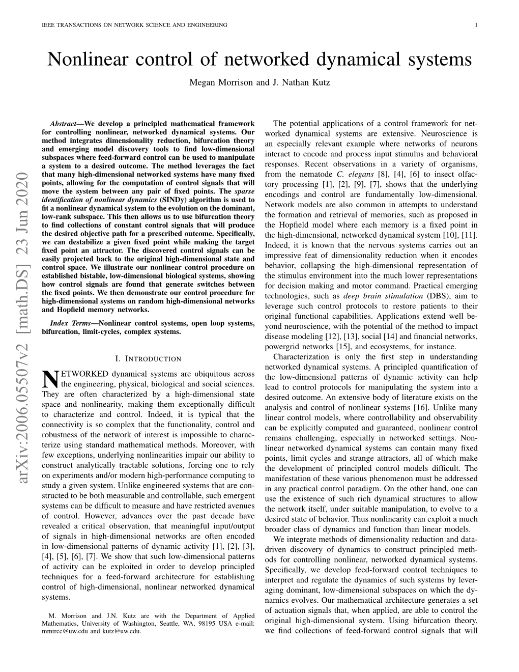 Nonlinear Control of Networked Dynamical Systems Megan Morrison and J