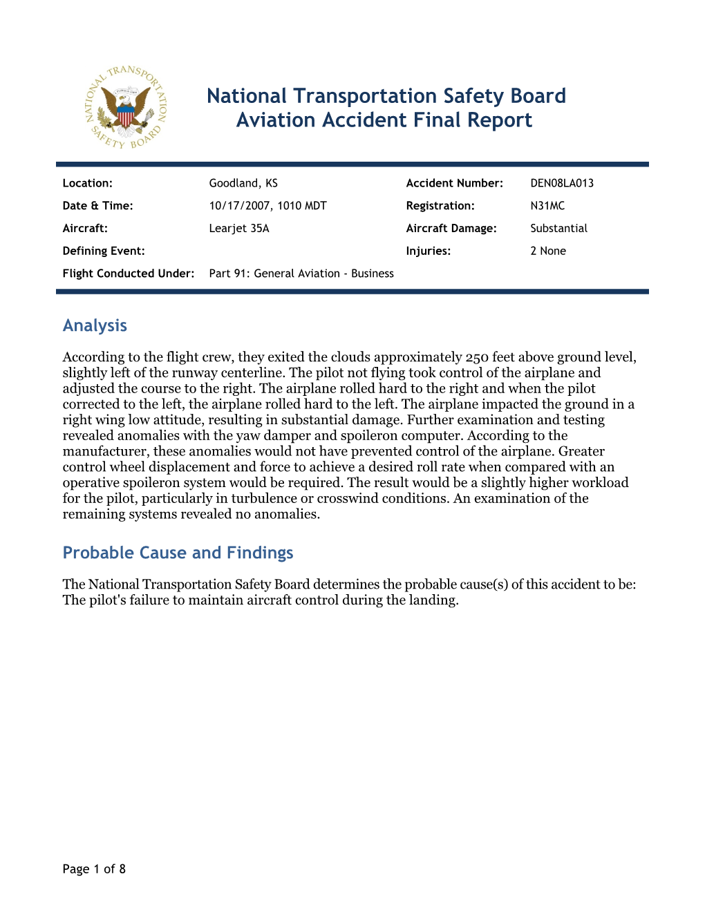 National Transportation Safety Board Aviation Accident Final Report