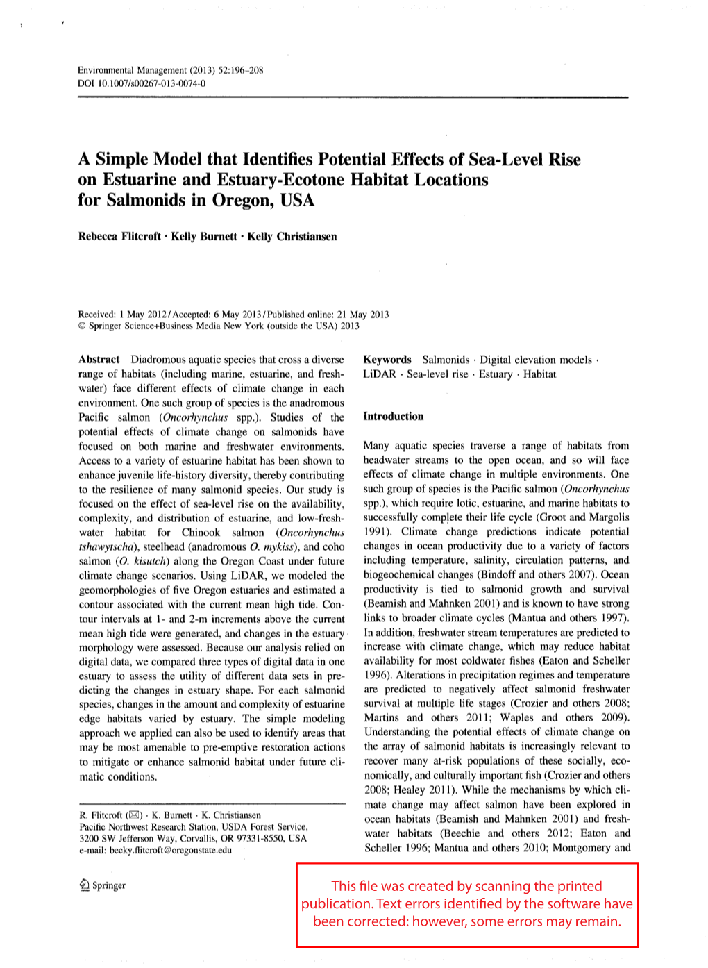 A Simple Model That Identifies Potential Effects of Sea-Level Rise on Estuarine and Estuary-Ecotone Habitat Locations for Salmonids in Oregon, USA