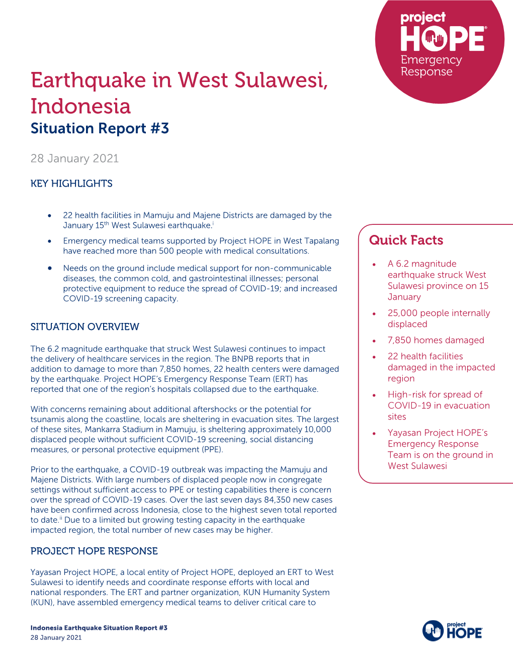 Earthquake in West Sulawesi, Indonesia Situation Report #3