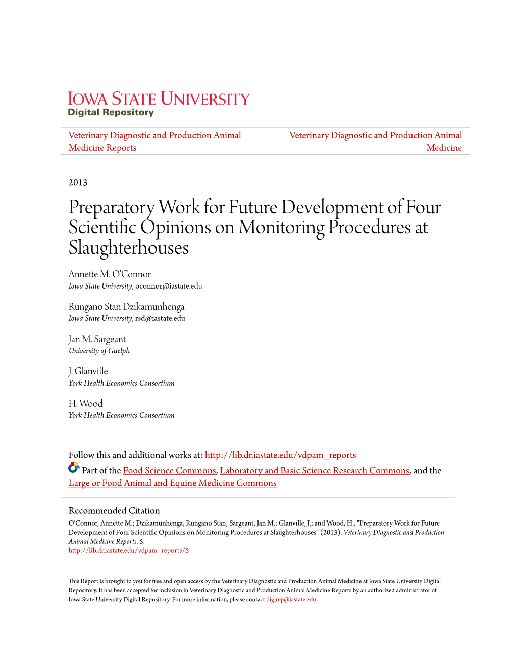 Preparatory Work for Future Development of Four Scientific Opinions on Monitoring Procedures at Slaughterhouses Annette M