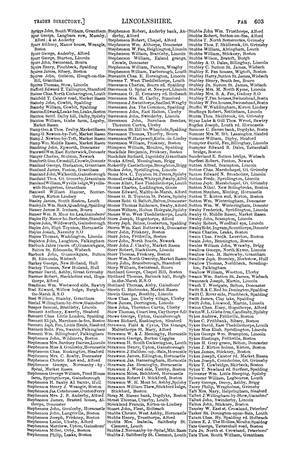 LINCOLNSHIRE. FAR 603 Spriggs John, South Witham, Grantham Stephenson Roberl, Anderby Bank, An- Stubbs John Wm