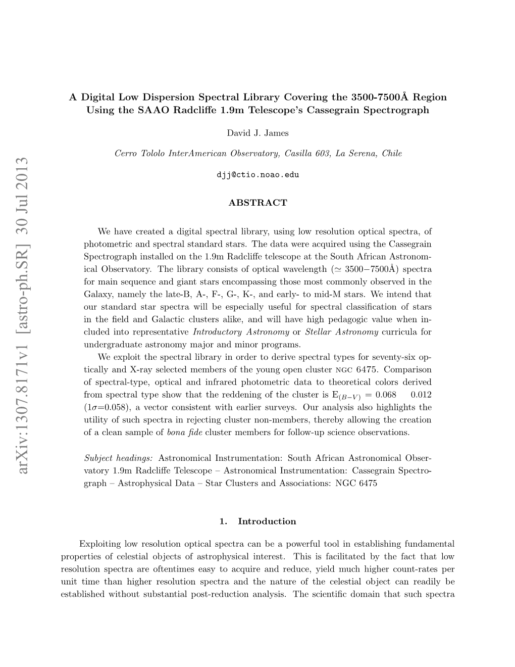 A Digital Low Dispersion Spectral Library Covering the 3500-7500AA Region Using the SAAO Radcliffe 1.9 M Telescope's Cassegrain Spectrograph