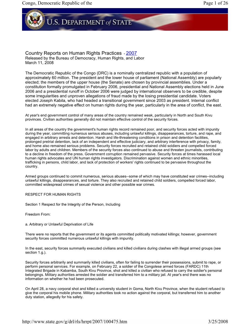 Country Reports on Human Rights Practices - 2007 Released by the Bureau of Democracy, Human Rights, and Labor March 11, 2008