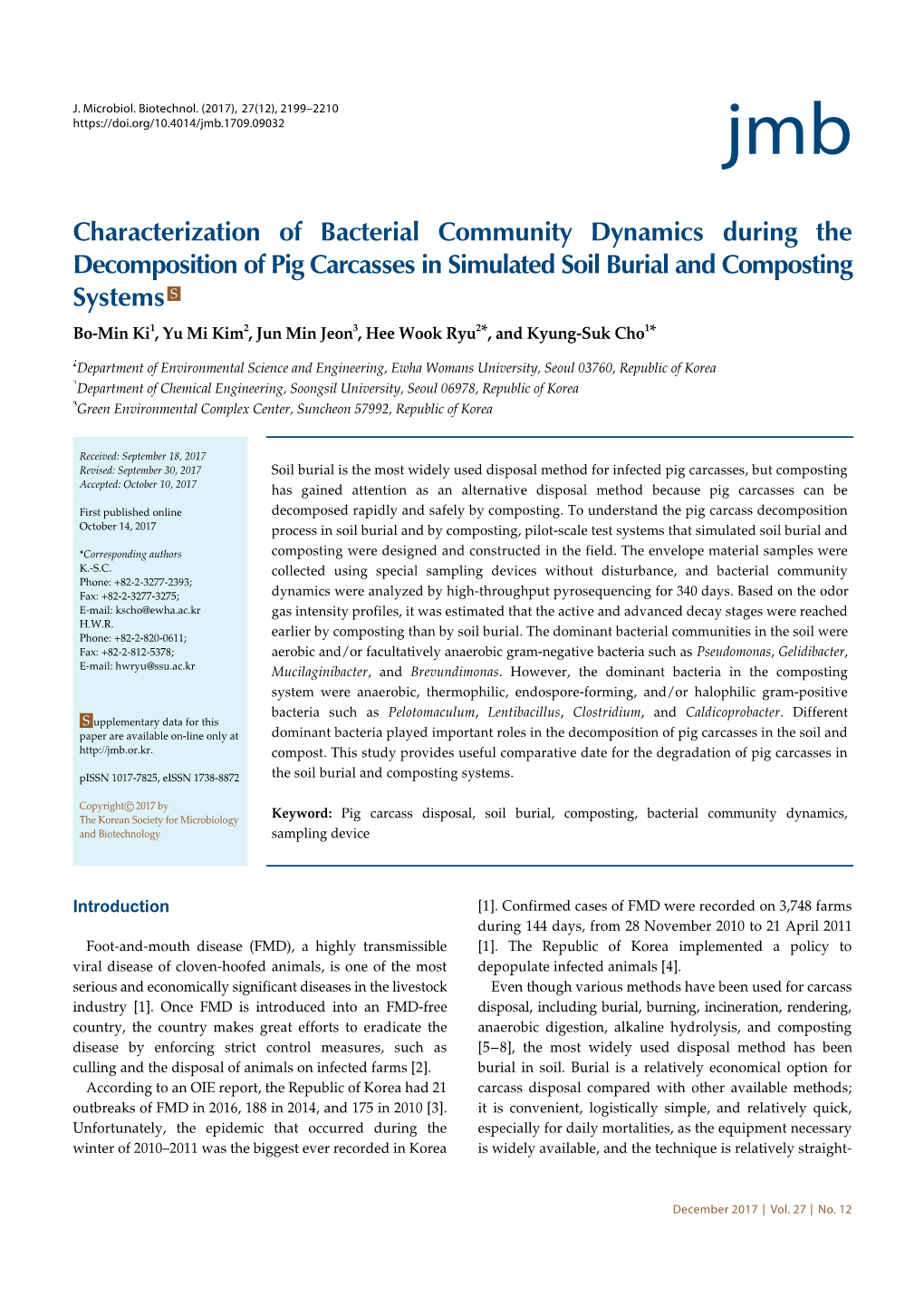 Characterization of Bacterial Community Dynamics During the Decomposition of Pig Carcasses in Simulated Soil Burial and Composti