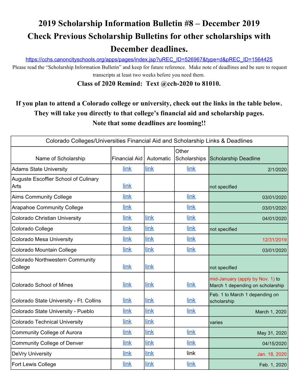 2019 Scholarship Information Bulletin #8 – December 2019 Check Previous Scholarship Bulletins for Other Scholarships with December Deadlines