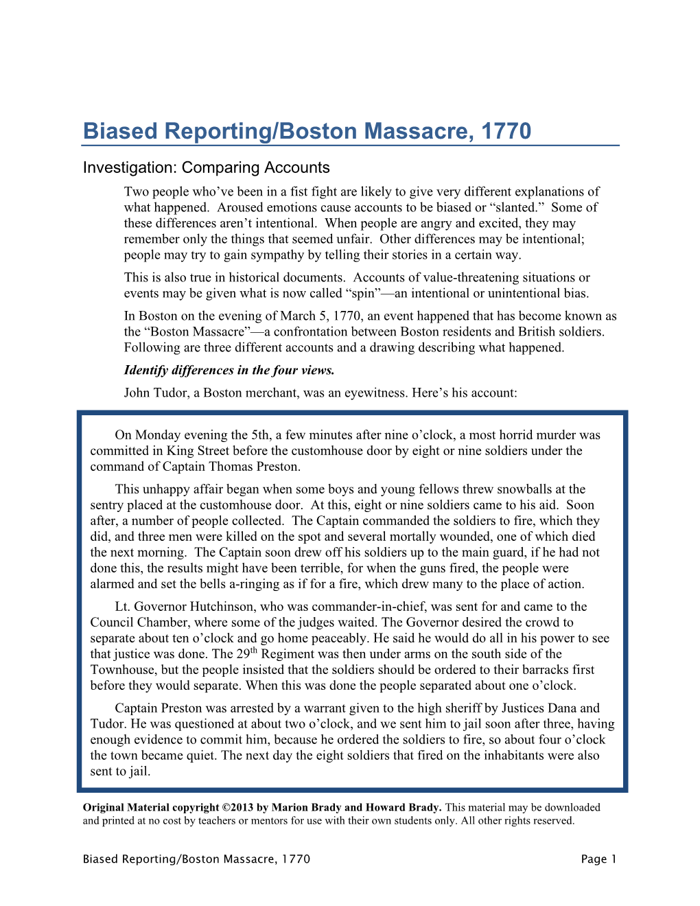 Biased Reporting/Boston Massacre, 1770